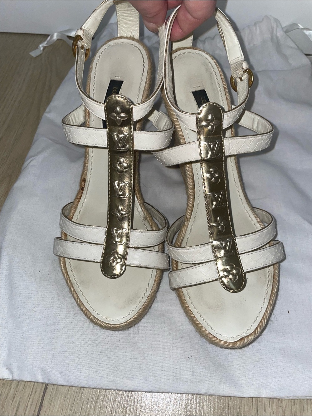Louis Vuitton White Leather Espadrille Wedge Sandals with Gold Hardware